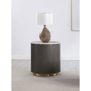 English Elm Sennewald Marble Top Round End Table with Ribbed Charcoal Base and Brushed Gold Accent B062P447673