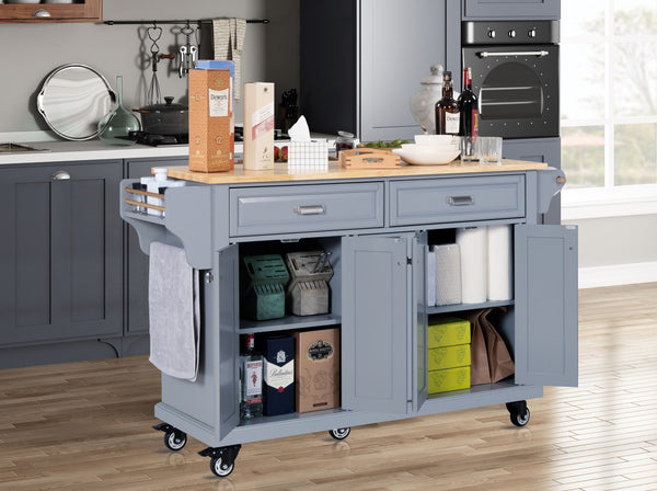 English Elm Kitchen Island Rubber Wood Countertop Mobile Cart with Towel & Spice Racks, Drawers, Storage Wheels Grey W914P147989
