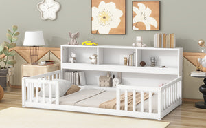 English Elm Twin Floor Bed with Built-In Bedside Bookcase and Shelves, Space-Saving Design with Guardrails White W504142771