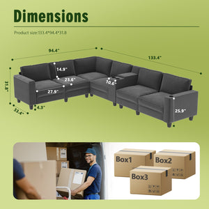 English Elm L-Shaped 6-Seater Corduroy Sofa With Usb Charging, Storage Armrests & Center Console For Modern Living W680S00056