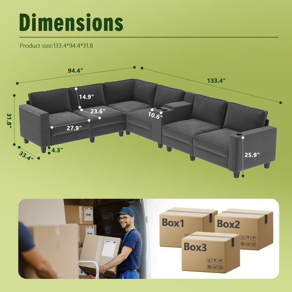 English Elm L-Shaped 6-Seater Corduroy Sofa With Usb Charging, Storage Armrests & Center Console For Modern Living W680S00056
