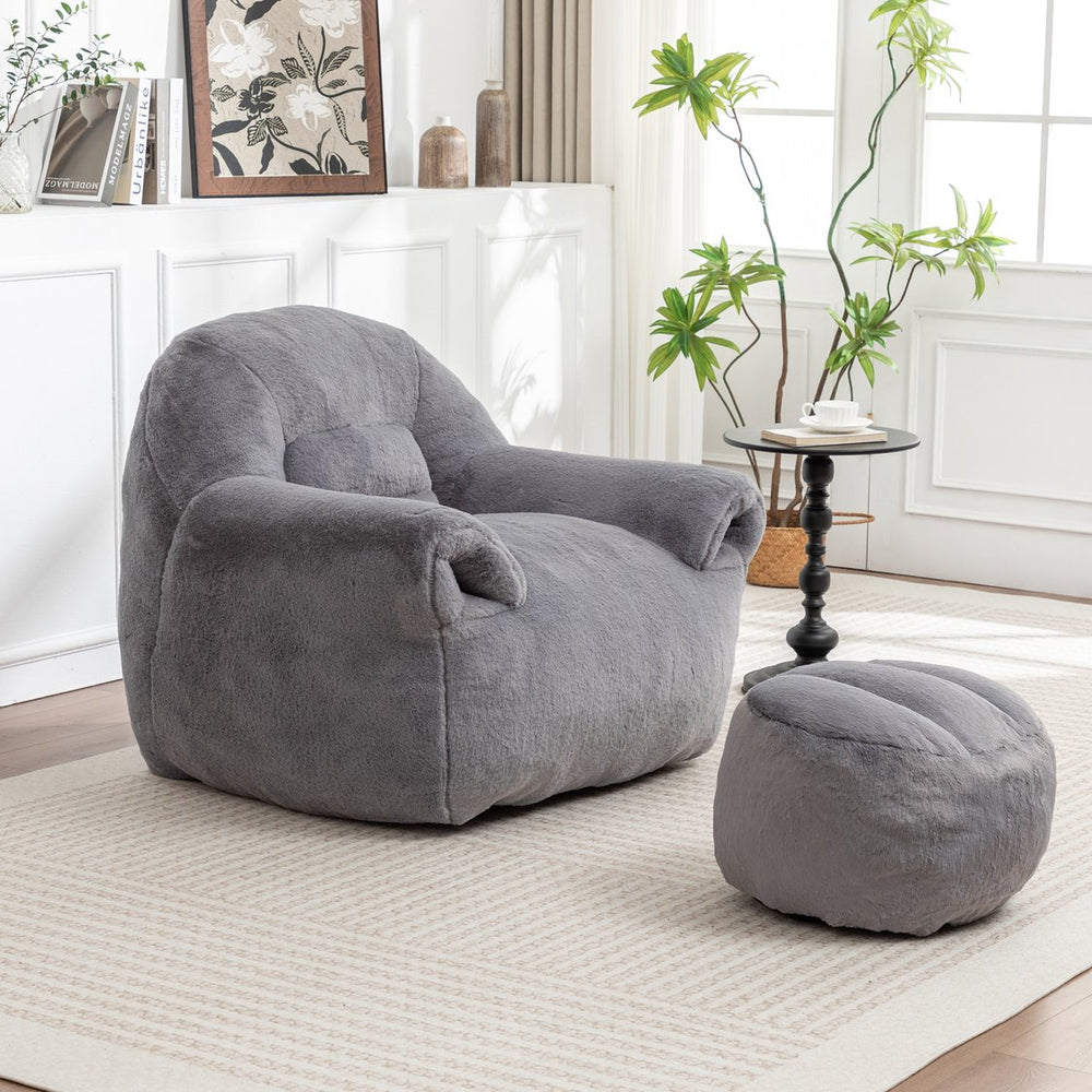 English Elm Bean Bag Chair - Luxurious Faux Fur Sofa With Footstool For Cozy Comfort In Living Room & Bedroom W2200P326904