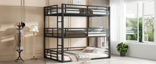 English Elm Full Triple Bunk Bed - Heavy-Duty Metal Frame With Safety Guardrails, Space-Saving Design, Black W1580S00144