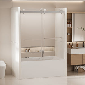 English Elm 56-60 in Frameless Bypass Tub Shower Door Soft Close Tempered Glass Brushed Nickel W1920P385329