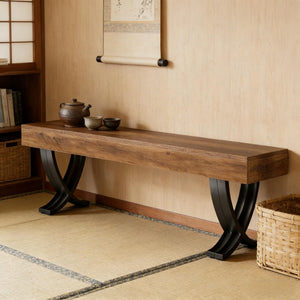 English Elm Plant Bench with X-frame Steel Legs Wood-look Top for Entryway or Bedroom Foot T3971P457935