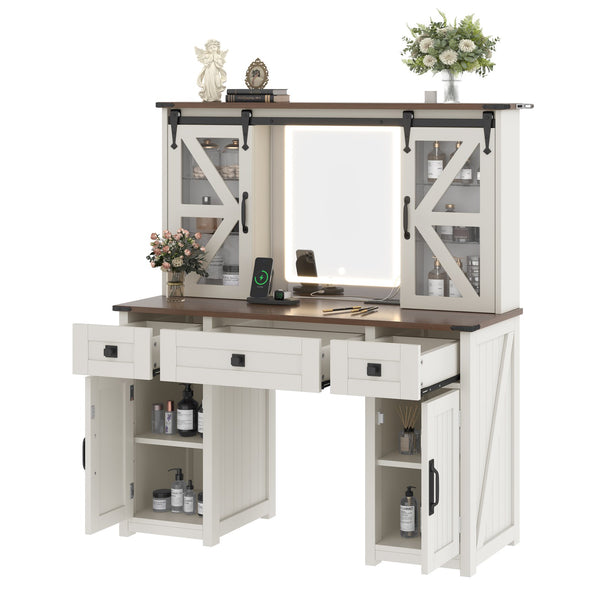 English Elm 43.3" Rustic Farmhouse Vanity Desk with Led Mirror Barn Door Stool Charging Station N704P328548A