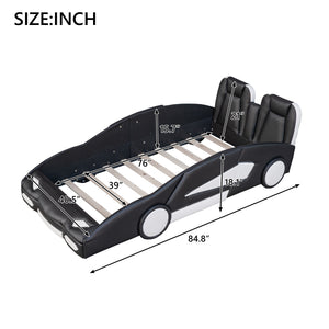 English Elm Twin Race Car-Shaped Platform Bed with Wheels — Durable Pine Wood Construction, Guardrails, 250lb Capacity Black WF297945AAB