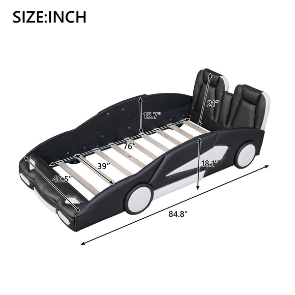 English Elm Twin Race Car-Shaped Platform Bed with Wheels — Durable Pine Wood Construction, Guardrails, 250lb Capacity Black WF297945AAB