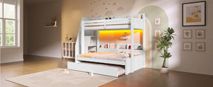 English Elm Twin Over Full Bunk Bed with Stair Drawers Shelves Led Lighting and Usb Port White N7090005013K