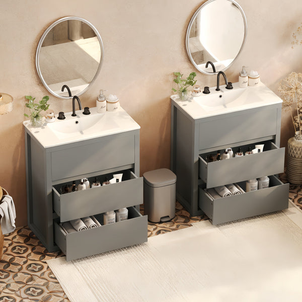 English Elm Christopher Knight Home® - 60" Double Sinks Bathroom Vanity Set with Two Ceramic Basins, Soft-Close Drawers, Sleek Handle-Free Design Gray N817P280550G