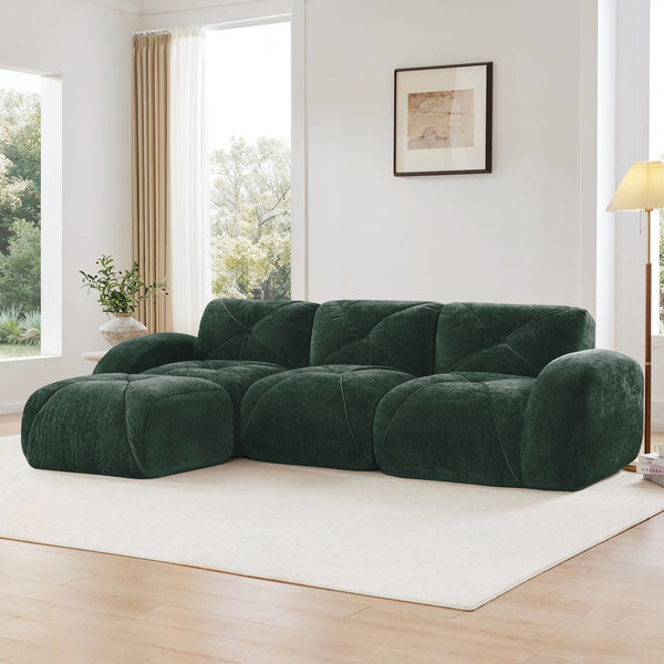 English Elm L-shaped Velvet Sectional Sofa Tufted Modular Seating with Ottoman for Living Room Green W714S01603