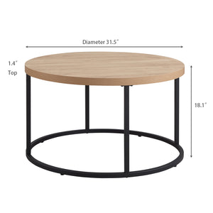 English Elm 31.5" Round Oak Finish Coffee Table Matte Black Steel Base for Modern Living Rooms Oak W3151P352763