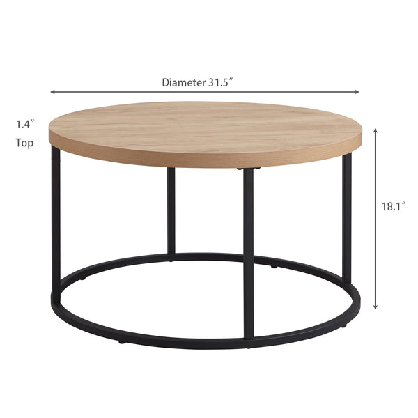 English Elm 31.5" Round Oak Finish Coffee Table Matte Black Steel Base for Modern Living Rooms Oak W3151P352763