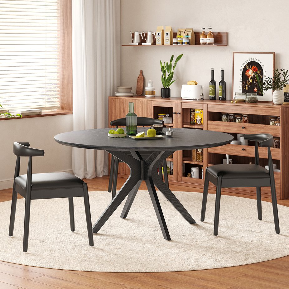 English Elm 47" Round Wood Dining Table Seats Six with Industrial Metal Base for Modern Homes Black T3623P437345