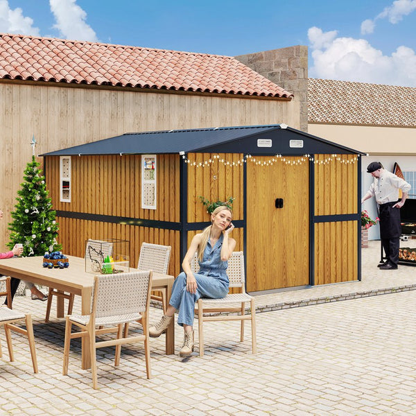 English Elm 10x12 Galvanized Steel Outdoor Shed with Lockable Entry Windows and Sloped Roof W1598S00032