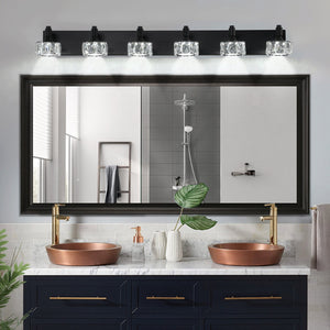 English Elm Modern 6-Light Matte Black Led Vanity Light With Crystal Shades - Elegant Bathroom Wall Sconce W2312P374904