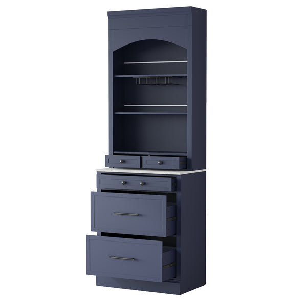 English Elm Topmax Freestanding Tall Pantry Cabinet Faux Marble Top 5 Drawers Modern Kitchen Hutch Blue N717S000075C