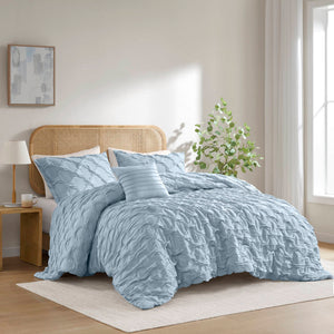 JLA Home Comfort Spaces - Diamond Ruched Ogee Pleat Comforter Set — Crinkle Texture, OEKO‑TEX Certified, Lightweight All‑Season Cozy Elegance Blue AM10-0536