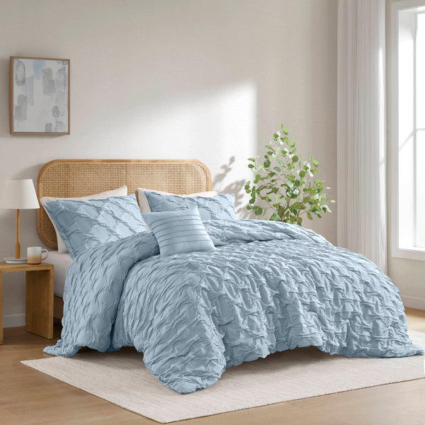 JLA Home Comfort Spaces - Diamond Ruched Ogee Pleat Comforter Set — Crinkle Texture, OEKO‑TEX Certified, Lightweight All‑Season Cozy Elegance Blue AM10-0536