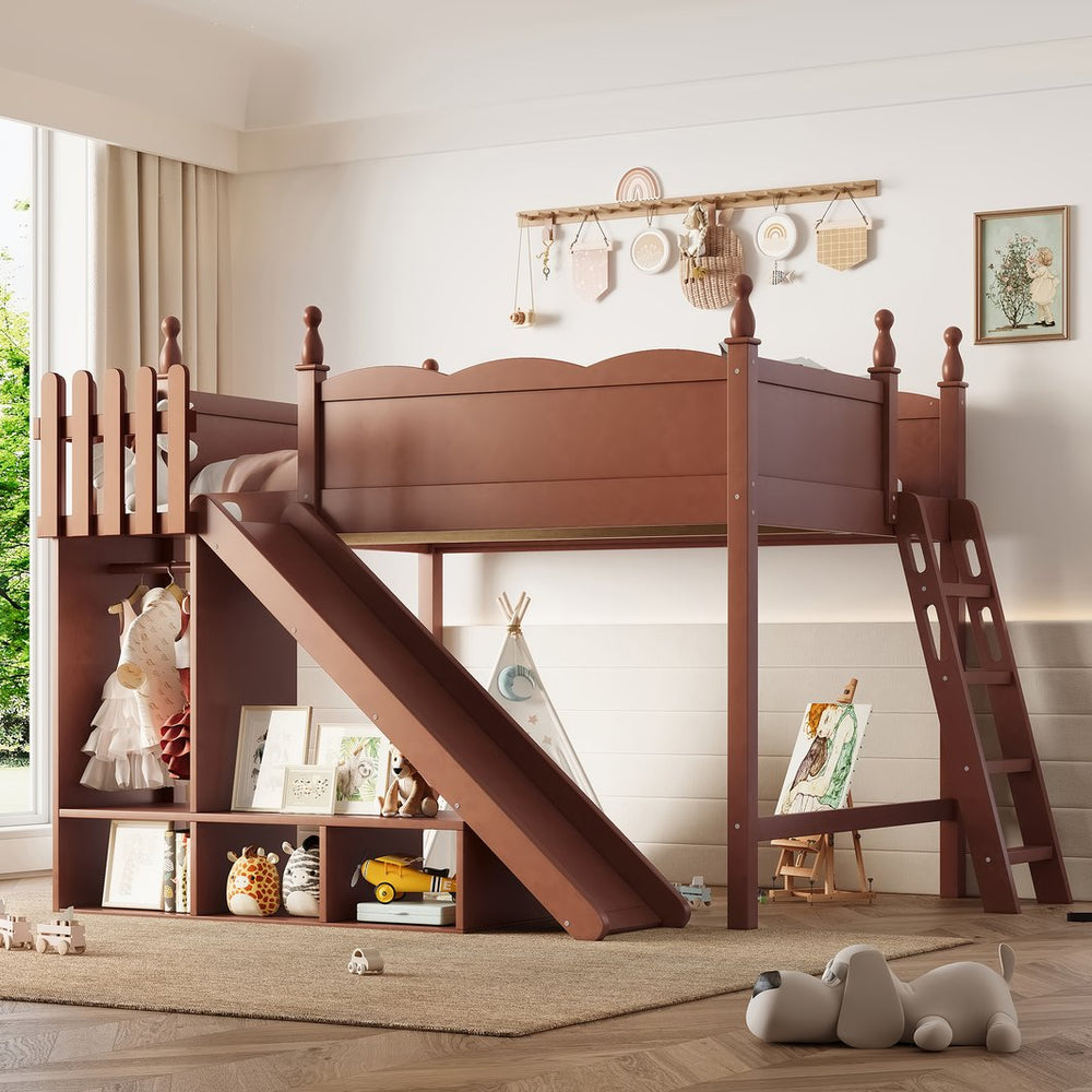 English Elm Twin Loft Bed Solid Pine Frame with Wardrobe Shelving Detachable Slide Kids Room Antique Natural W5305S00025