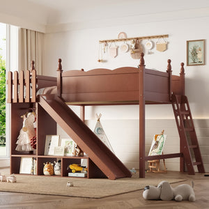 English Elm Twin Loft Bed Solid Pine Frame with Wardrobe Shelving Detachable Slide Kids Room Antique Natural W5305S00025