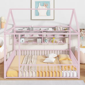 English Elm Full Metal House Bed Frame Full Size with Built-In Fence and 4 Grid Shelves for Durable Storage and Style Pink N737P175361H