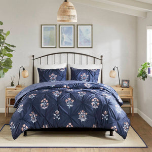 English Elm King/Cal King Floral Pintuck Duvet Cover Set – Navy Microfiber, Modern Farmhouse Elegance, Button Closure & Inner Ties B035P217808