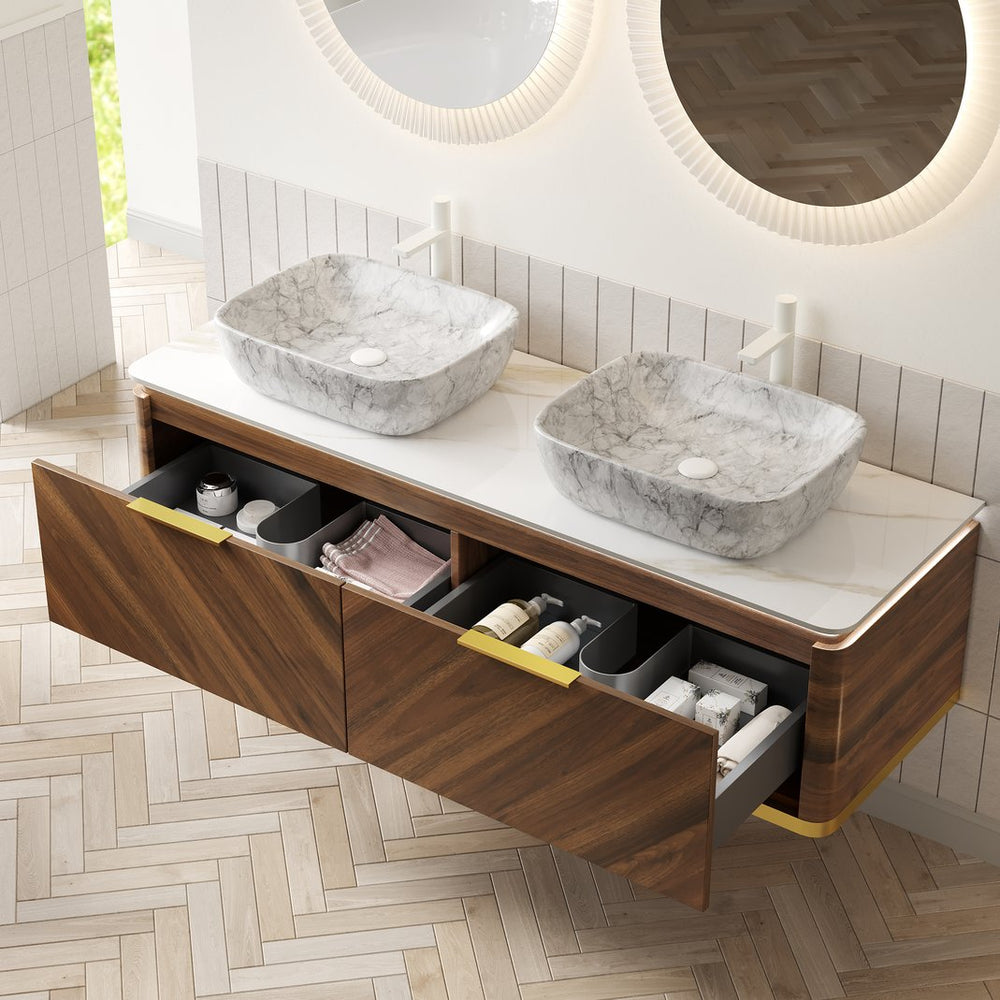 English Elm Dipa 60" Floating Bathroom Vanity With Marble Sintered Stone Top, Dual Ceramic Basins & Led Light W2615S00299