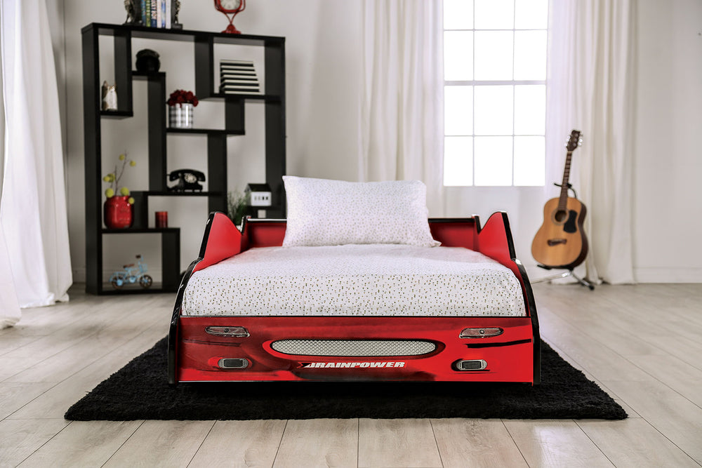 English Elm Modern Twin Race Car Bed With High Gloss Red Finish, Metal Support & Slat Kit - Ignite Imagination! B2741S00498