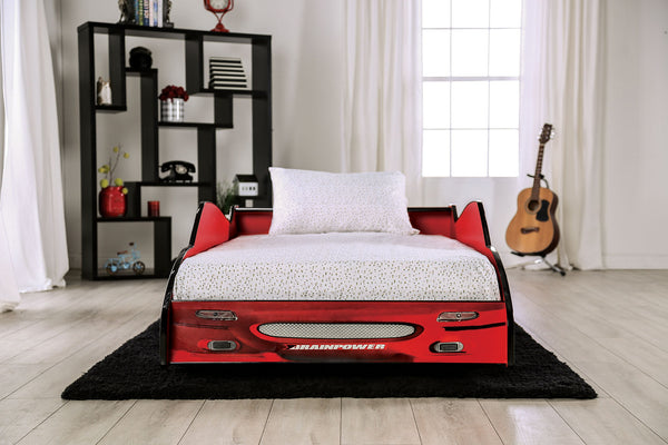 English Elm Modern Twin Race Car Bed With High Gloss Red Finish, Metal Support & Slat Kit - Ignite Imagination! B2741S00498
