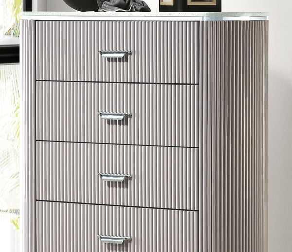 English Elm Unique Contemporary Chest with Cultured Stone Top, Reeded Panels, Silver Accents, Dovetail Drawers and Chrome Legs Light Gray 41 L x 21 W x 52 H B2741P370870