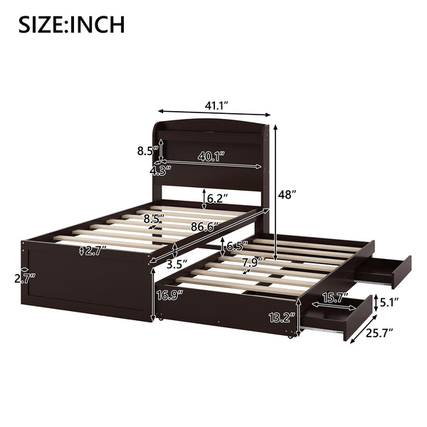 English Elm Twin XL Platform Bed with LED Headboard, Built-In Charging Station, Trundle & 2 Drawers for Space-Saving Bedrooms Dark Brown GX001829AAP