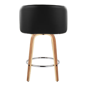 English Elm Fixed-height Swivel Barstools Zebra Wood Base Faux Leather Seat Chrome Footrest Pair B202S01771