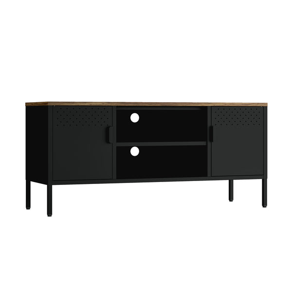 English Elm Landen 47" Metal Storage Cabinet with Wood Top and Cable Management — Sleek Industrial TV Console, Adjustable Legs Black B365P397848