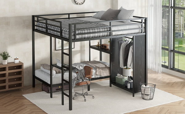 English Elm King Metal Bunk Bed King over Twin XL with Built-In Wardrobe, Foldable Desk, Shelf & Sturdy MDF W1580S00111
