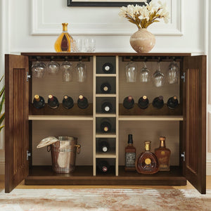 English Elm Mid Century Fluted Buffet Sideboard with Integrated Wine Rack and Glass Holder Storage Walnut W1801P454196
