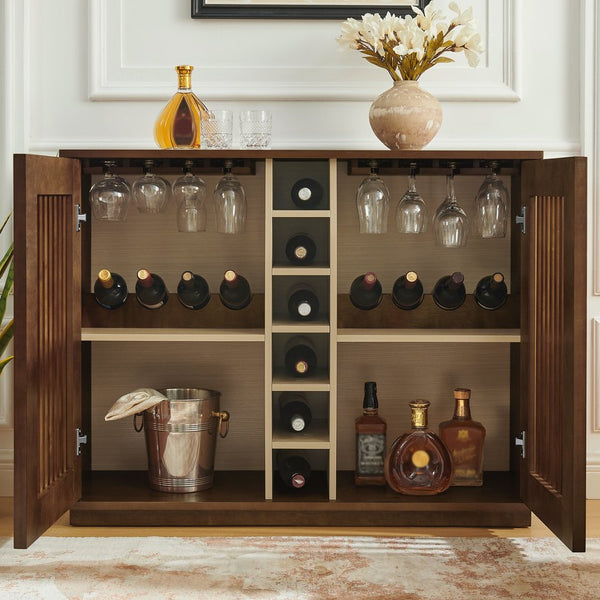 English Elm Mid Century Fluted Buffet Sideboard with Integrated Wine Rack and Glass Holder Storage Walnut W1801P454196