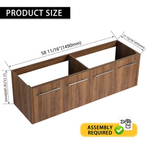 English Elm 60 Inch Wall-mounted Bathroom Vanity Cabinet with Soft-Close Doors, Eco Plywood, Scratch & Water-Resistant Finish Brown Ebony W999P208034