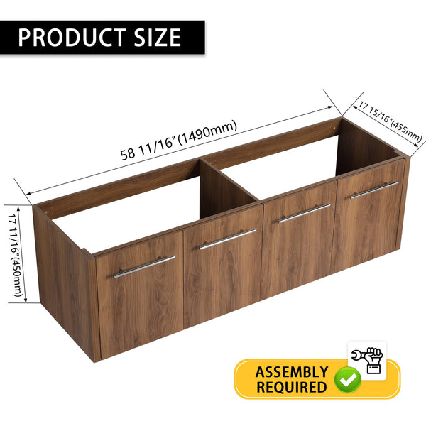 English Elm 60 Inch Wall-mounted Bathroom Vanity Cabinet with Soft-Close Doors, Eco Plywood, Scratch & Water-Resistant Finish Brown Ebony W999P208034