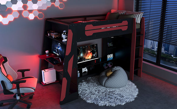 English Elm Twin Gaming Loft Bed with Desk Rgb Lighting and Multi-tier Shelves for Teen Rooms Red LT000160AAR