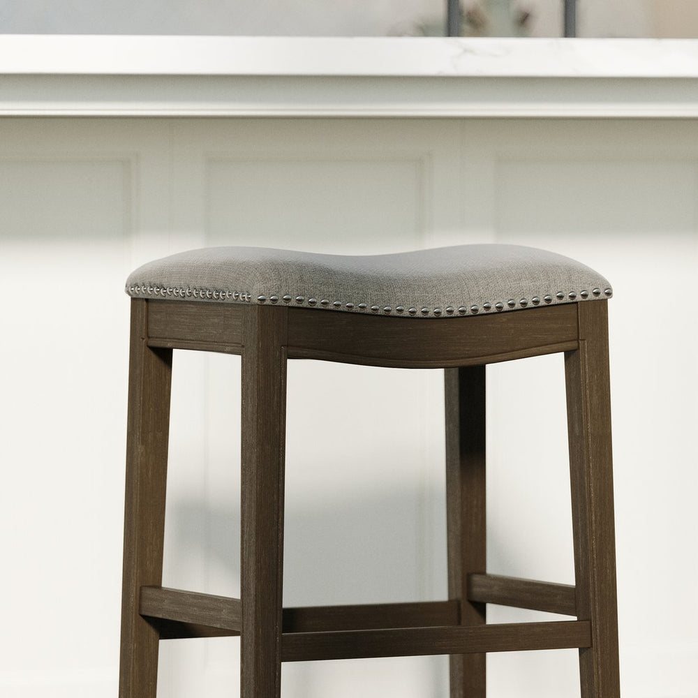 English Elm 31in. Farmhouse Whitewash Hardwood Barstool Nailhead Upholstered Seat Kitchen Island Accent Smoke Grey B2751P436421