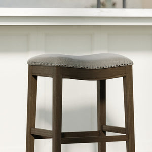 English Elm 31in. Farmhouse Whitewash Hardwood Barstool Nailhead Upholstered Seat Kitchen Island Accent Smoke Grey B2751P436421
