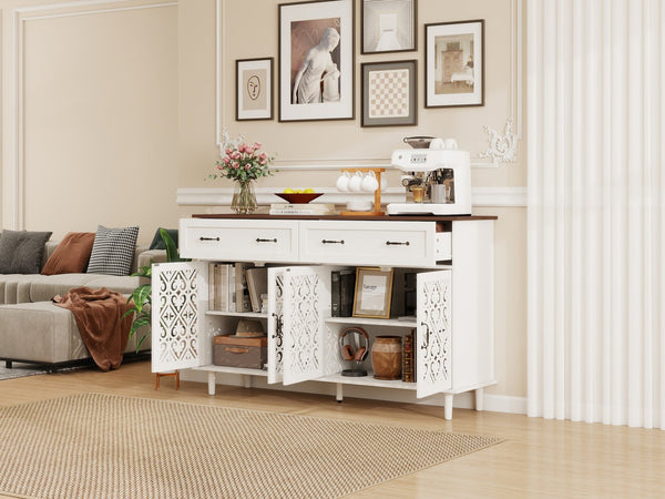 English Elm Vintage Farmhouse Sideboard with Hand-carved Doors Two-tone Distressed Wood Finish W688P360028