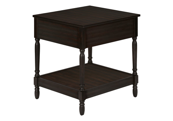 English Elm Accent Square Two-Tier Table with Grooved Top and Turned Legs, Compact Nightstand with Shelf, Brown Veneer Walnut 28 L x 25 W x 8 H B2710P219483