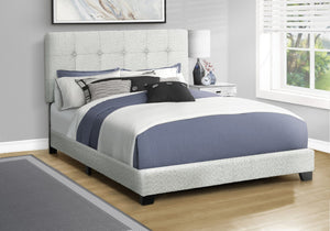 English Elm Bed, Queen Upholstered Light Grey Bouclé Frame with Button-Tufted Headboard, Solid Wood Slats, Low-Profile Rustic Chic B2710P287049