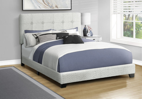 English Elm Bed, Queen Upholstered Light Grey Bouclé Frame with Button-Tufted Headboard, Solid Wood Slats, Low-Profile Rustic Chic B2710P287049