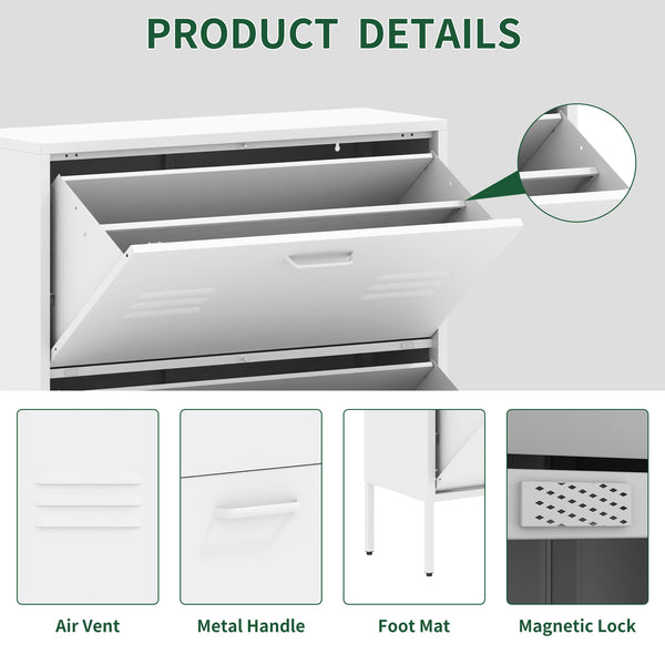 English Elm Shoe 3-Flip Drawer Storage Cabinet with Metal Frame — Freestanding Organizer for Entryway, White T2398P290422