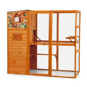 English Elm 70" Outdoor Cat Catio Spruce Wood Weatherproof Enclosure with 4 Tiers and Mesh Run W2181P356201