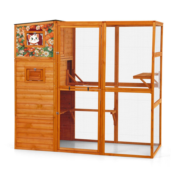English Elm 70" Outdoor Cat Catio Spruce Wood Weatherproof Enclosure with 4 Tiers and Mesh Run W2181P356201