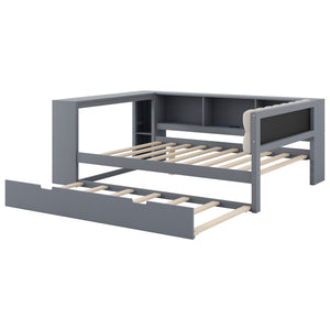 English Elm Wood Twin Platform Bed Linen Headboard Storage Shelves Trundle Charging Station Gray N709P004024E